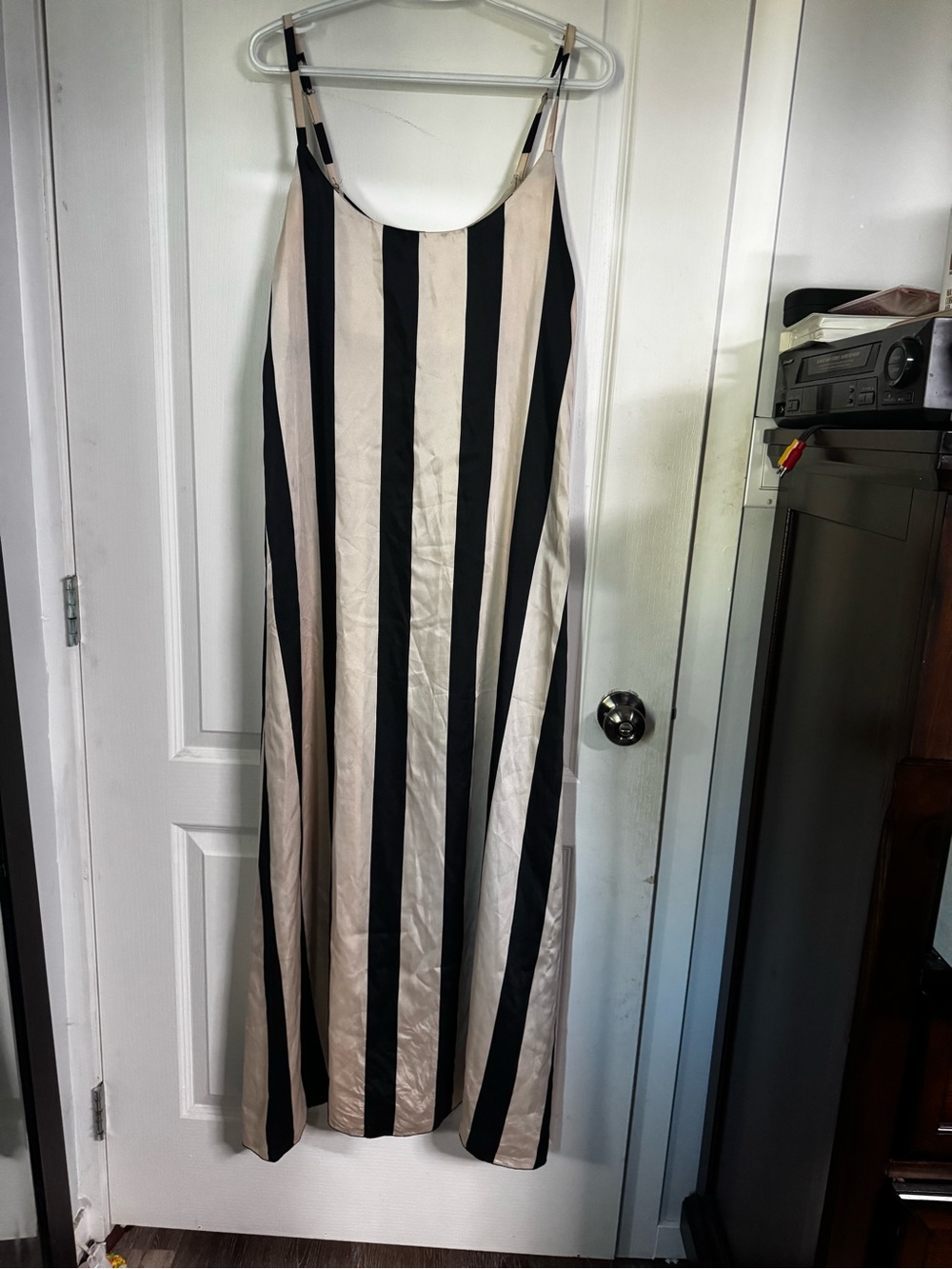 Elegant Black and Cream Vertical-Stripe Maxi Slip Dress